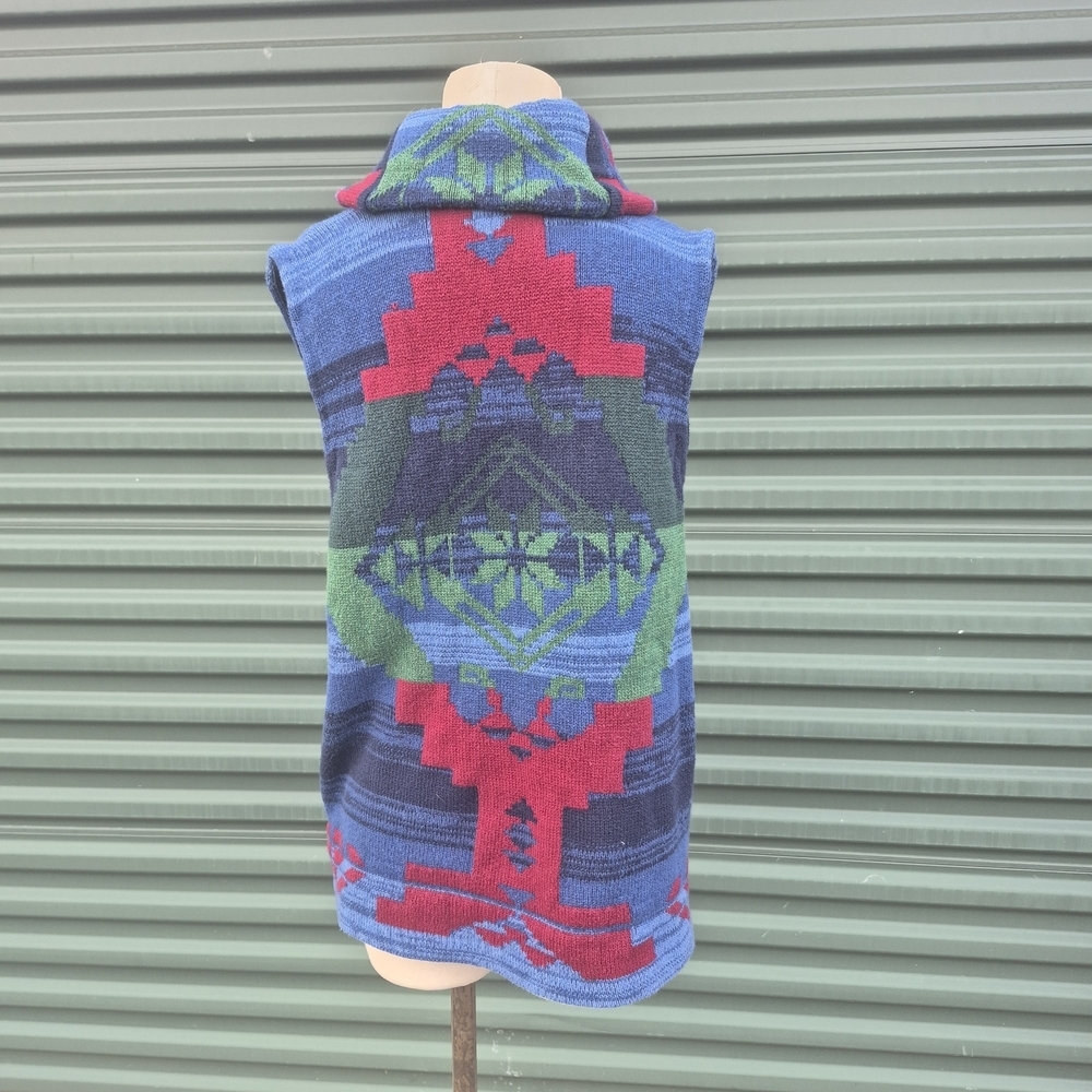 Chaps Denim Hooded Sweater Vest Large Southwest Aztec Tribal Knit Button Front - Picture 4 of 8